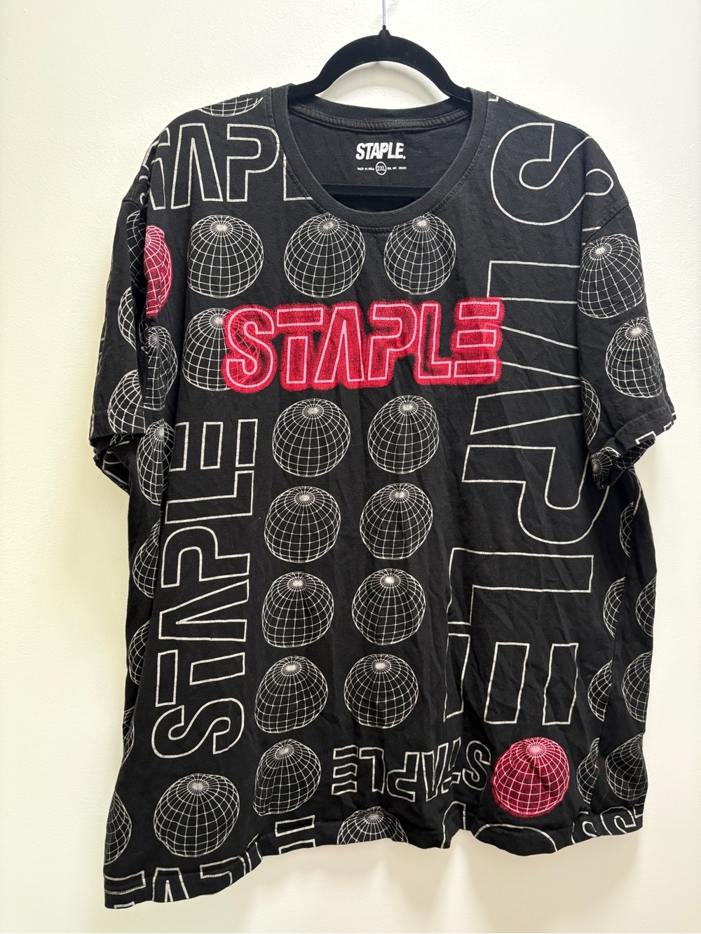 Staple Black Tee with Pink/Red Logo and Globe Print